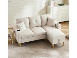 Sofá moderno de 3 lugares em L - com 2 porta-copos - 2 almofadas - com armazenamento - bege
