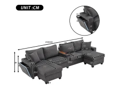 Sofá moderno em forma de U - con USB, Type-C e lâmpada de leitura - con luzes LED na porta - con porta-copos e 2 pés-de-boi - veludo canelado - Cinza