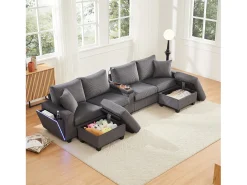 Sofá moderno em forma de U - con USB, Type-C e lâmpada de leitura - con luzes LED na porta - con porta-copos e 2 pés-de-boi - veludo canelado - Cinza