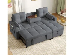 Sofá moderno em L - Sofá-cama modular - Função dormir - Com armazenamento - Com porta-copos - Cinza