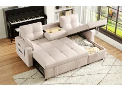 Sofá moderno em L - Sofá-cama modular - Função dormir - Com armazenamento - Com porta-copos - Bege
