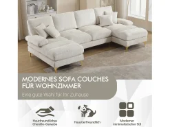 Sofá moderno em U - 272 x 136 x 88 cm - com 2 assentos reclináveis para sala de estar e quarto - Chenille - bege