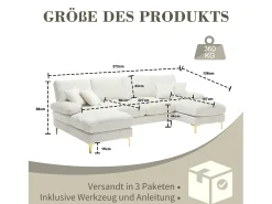 Sofá moderno em U - 272 x 136 x 88 cm - com 2 assentos reclináveis para sala de estar e quarto - Chenille - bege