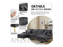 Sofá moderno em U - 272 x 136 x 88 cm - com 2 assentos reclináveis para sala de estar e quarto - Chenille - cinza