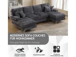 Sofá moderno em U - 272 x 136 x 88 cm - com 2 assentos reclináveis para sala de estar e quarto - Chenille - cinza