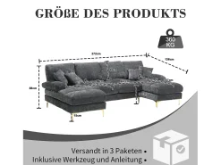 Sofá moderno em U - 272 x 136 x 88 cm - com 2 assentos reclináveis para sala de estar e quarto - Chenille - cinza