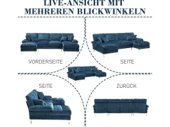 Sofá moderno em U - 272 x 136 x 88 cm - com 2 assentos reclináveis para sala de estar e quarto - Chenille - azul