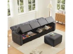 Sofá moderno em veludo canelado - espaço de armazenamento embaixo - con descanso de pés livre de movimento - Cinza