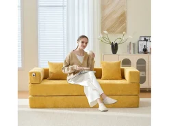 Sofá modular - 198 x 79 x 60 cm - conversível - com bolsos laterais - chenille - amarelo