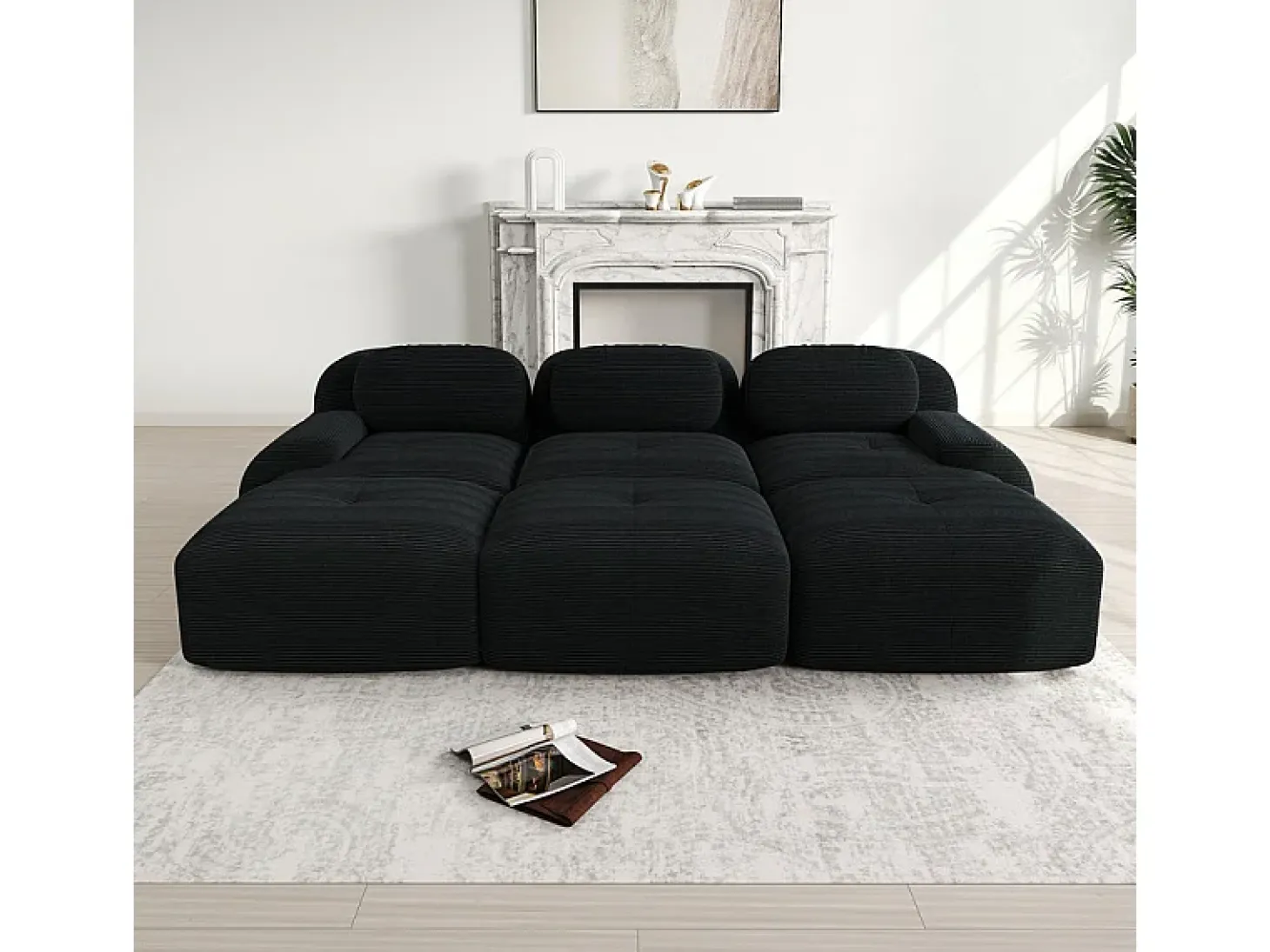Sofá modular 3 lugares + 3 puff - veludo côtelê - com 3 almofadas - densidade assento 32kg/m³ - 298x178x70cm - Preto