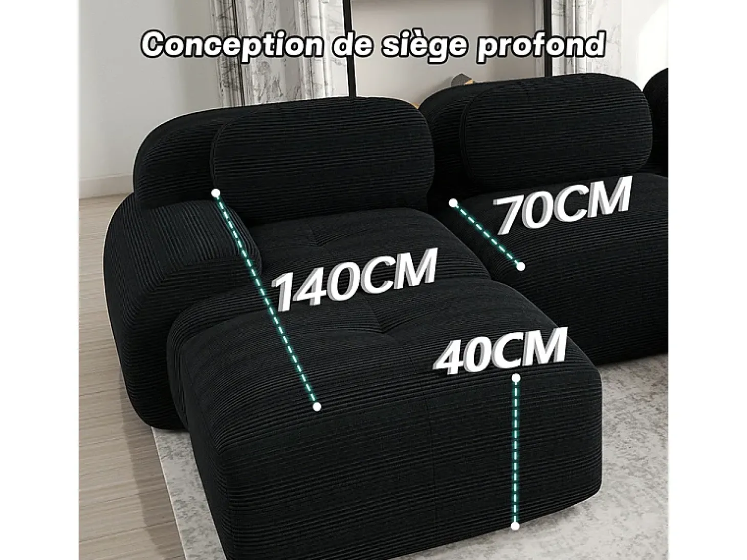 Sofá modular 3 lugares + 3 puff - veludo côtelê - com 3 almofadas - densidade assento 32kg/m³ - 298x178x70cm - Preto