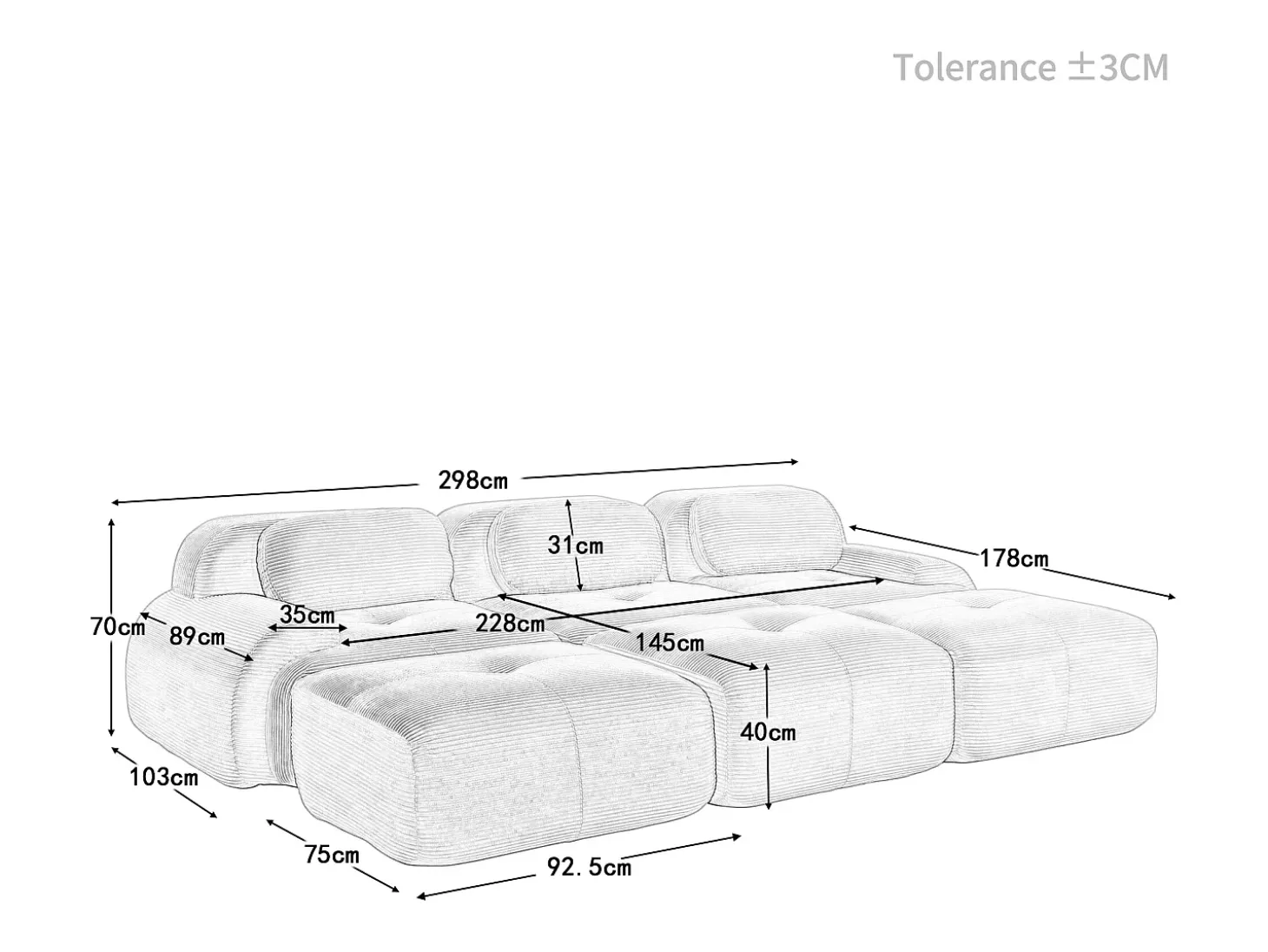 Sofá modular 3 lugares + 3 puff - veludo côtelê - com 3 almofadas - densidade assento 32kg/m³ - 298x178x70cm - Preto