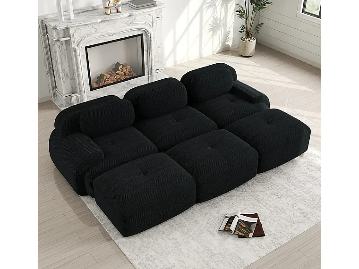 Sofá modular 3 lugares + 3 puff - veludo côtelê - com 3 almofadas - densidade assento 32kg/m³ - 298x178x70cm - Preto