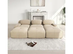 Sofá modular 3 lugares + 3 puff - veludo côtelê - com 3 almofadas - densidade assento 32kg/m³ - 298x178x70cm - Bege