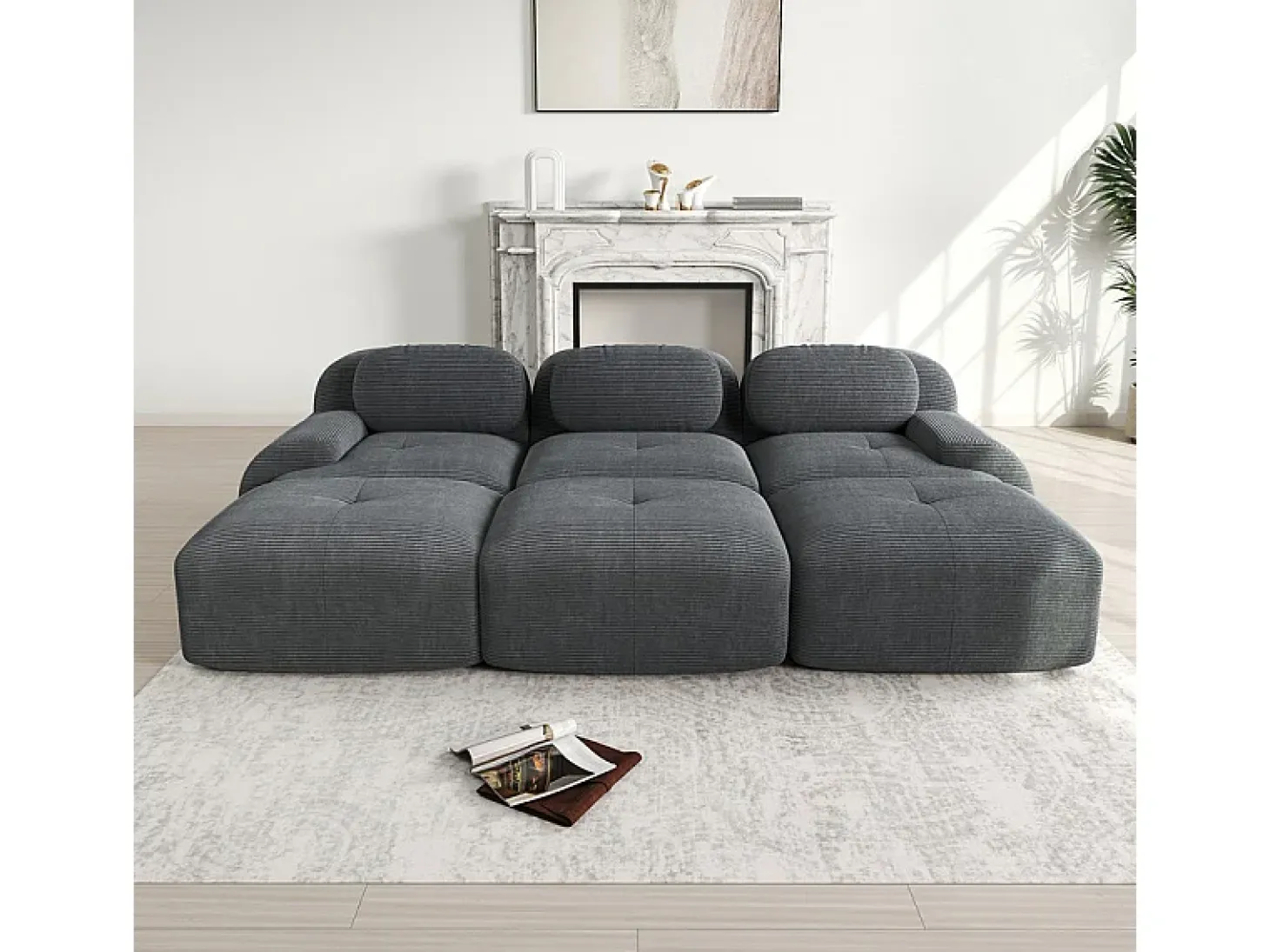 Sofá modular 3 lugares + 3 puff - veludo côtelê - com 3 almofadas - densidade assento 32kg/m³ - 298x178x70cm - Cinza