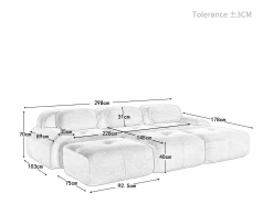 Sofá modular 3 lugares + 3 puff - veludo côtelê - com 3 almofadas - densidade assento 32kg/m³ - 298x178x70cm - Cinza
