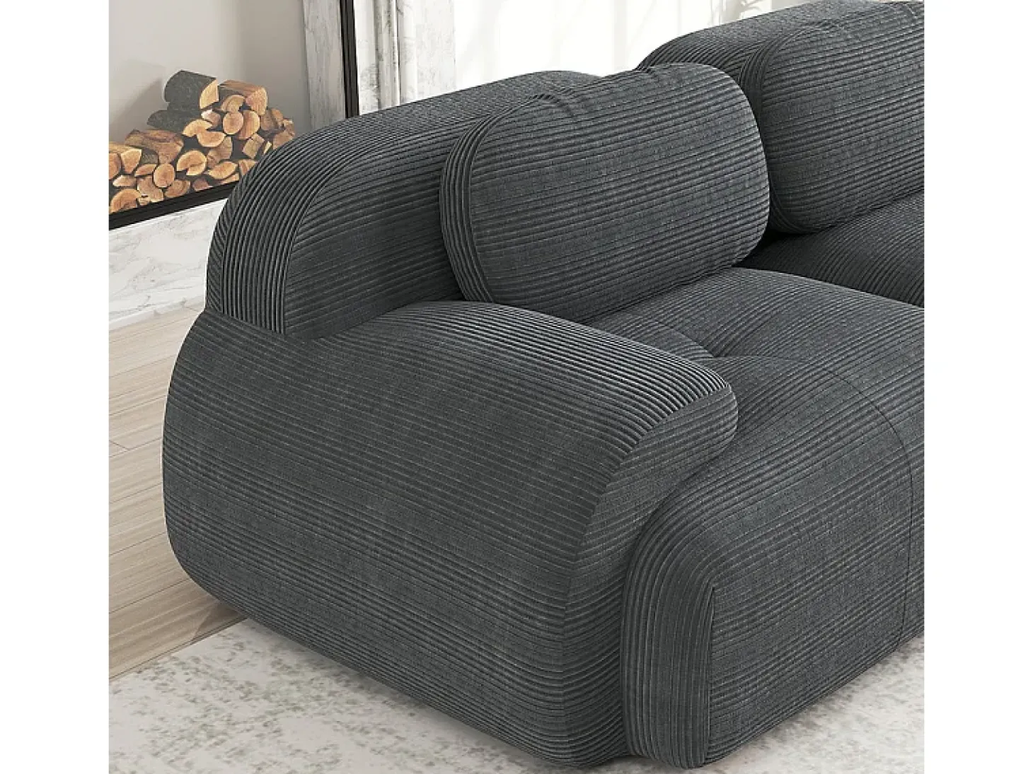 Sofá modular 3 lugares + 3 puff - veludo côtelê - com 3 almofadas - densidade assento 32kg/m³ - 298x178x70cm - Cinza
