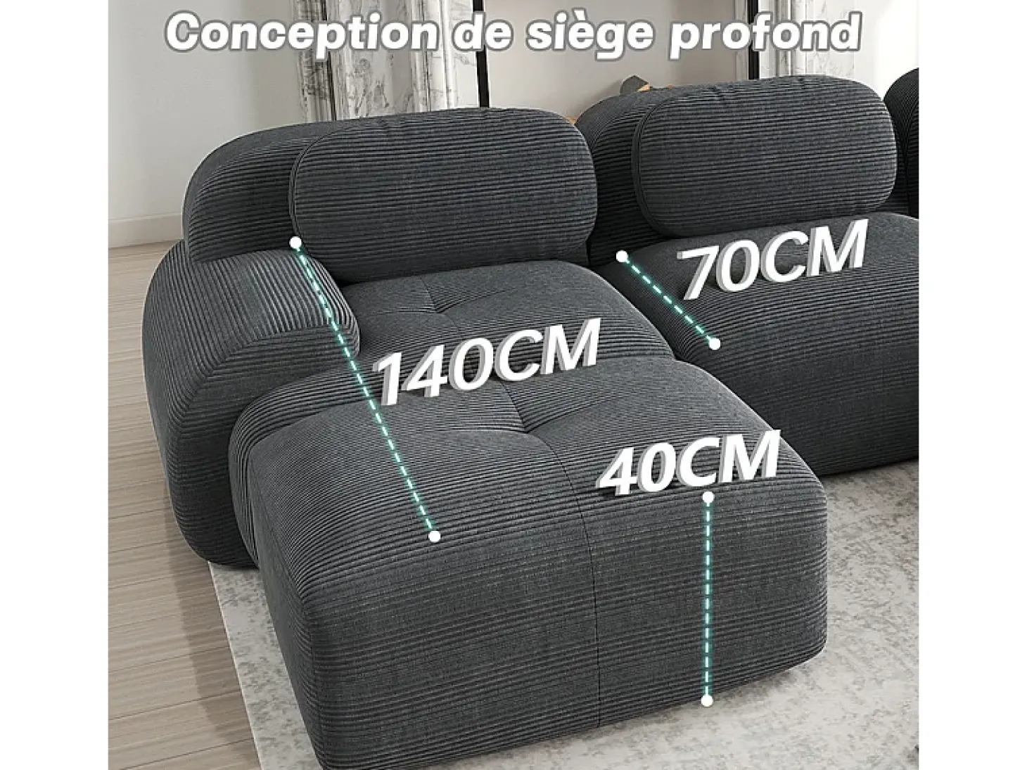 Sofá modular 3 lugares + 3 puff - veludo côtelê - com 3 almofadas - densidade assento 32kg/m³ - 298x178x70cm - Cinza