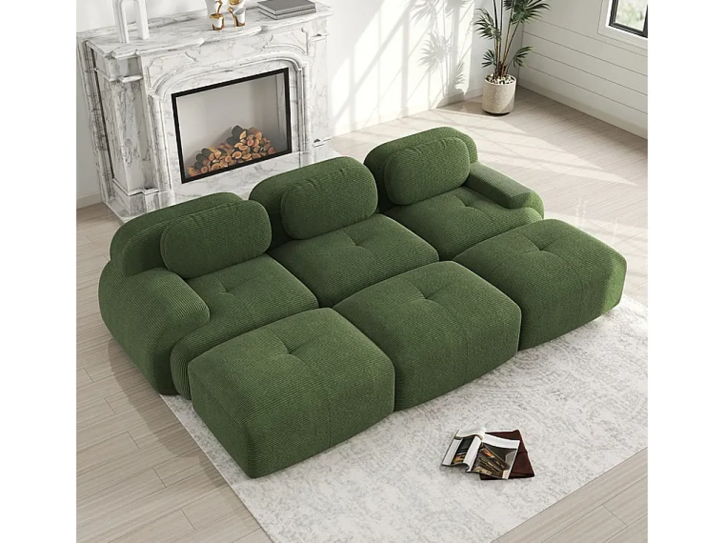 Sofá modular 3 lugares + 3 puff - veludo côtelê - com 3 almofadas - densidade assento 32kg/m³ - 298x178x70cm - Verde