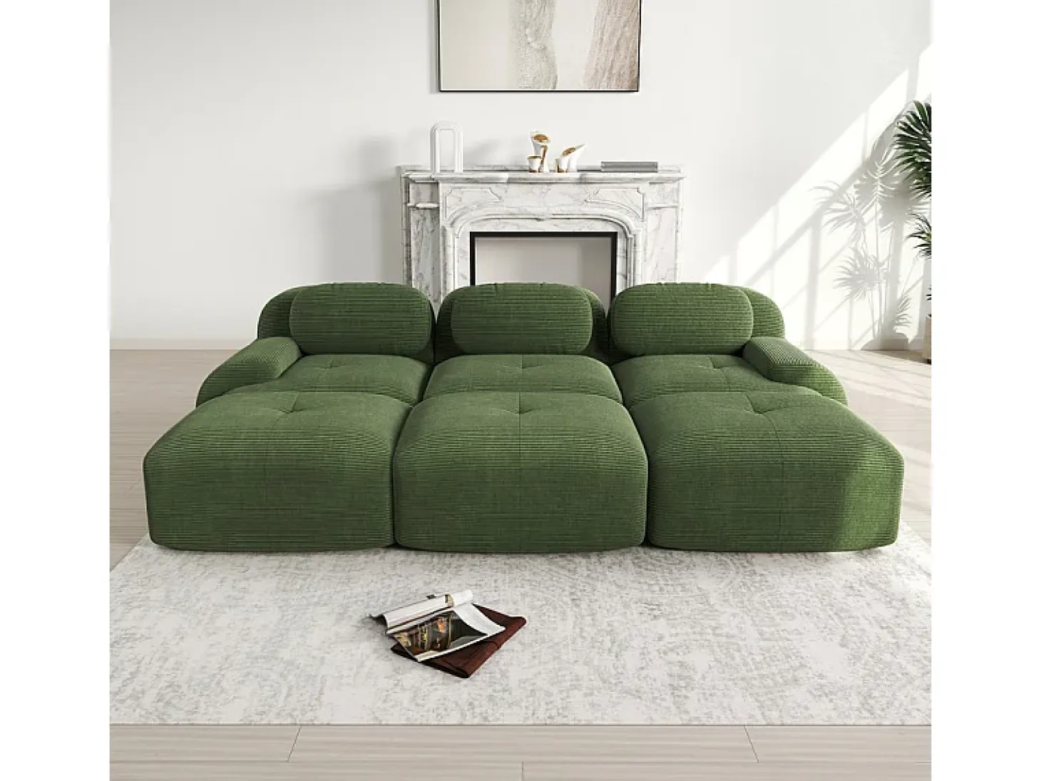 Sofá modular 3 lugares + 3 puff - veludo côtelê - com 3 almofadas - densidade assento 32kg/m³ - 298x178x70cm - Verde