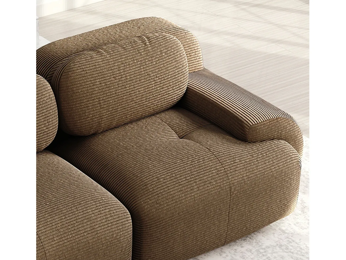 Sofá modular 3 lugares + 3 puffs - veludo cotelê - com 3 almofadas - densidade do assento 32kg/m³ - 298x178x70cm - Marrom