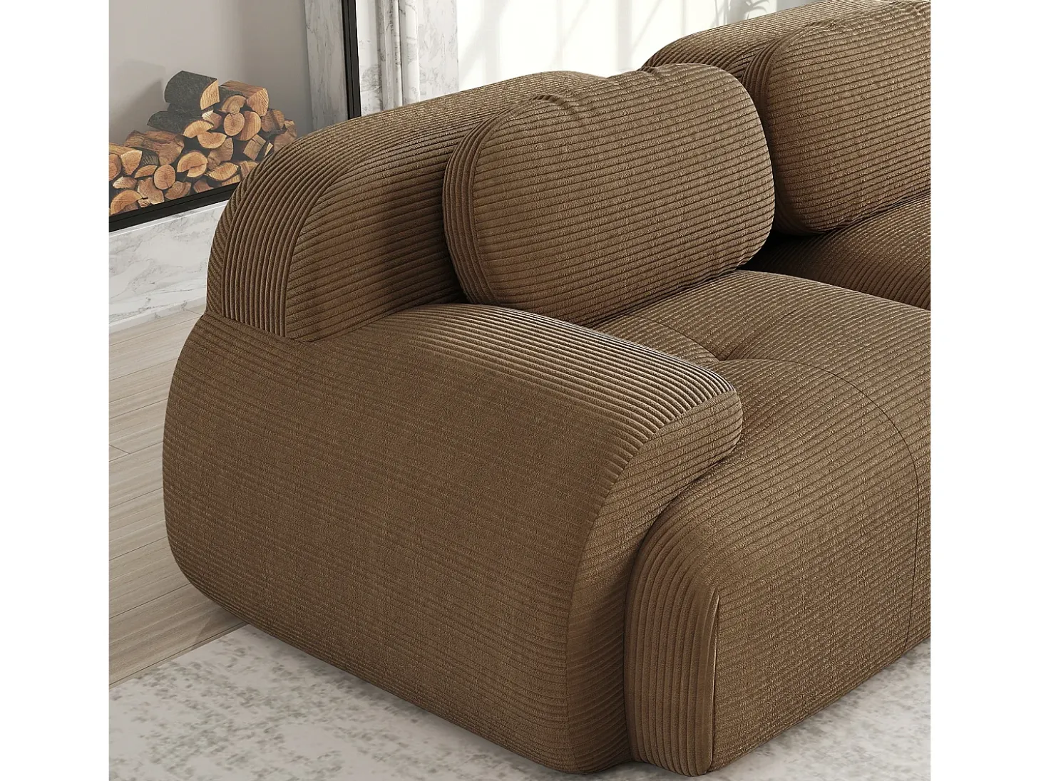 Sofá modular 3 lugares + 3 puffs - veludo cotelê - com 3 almofadas - densidade do assento 32kg/m³ - 298x178x70cm - Marrom