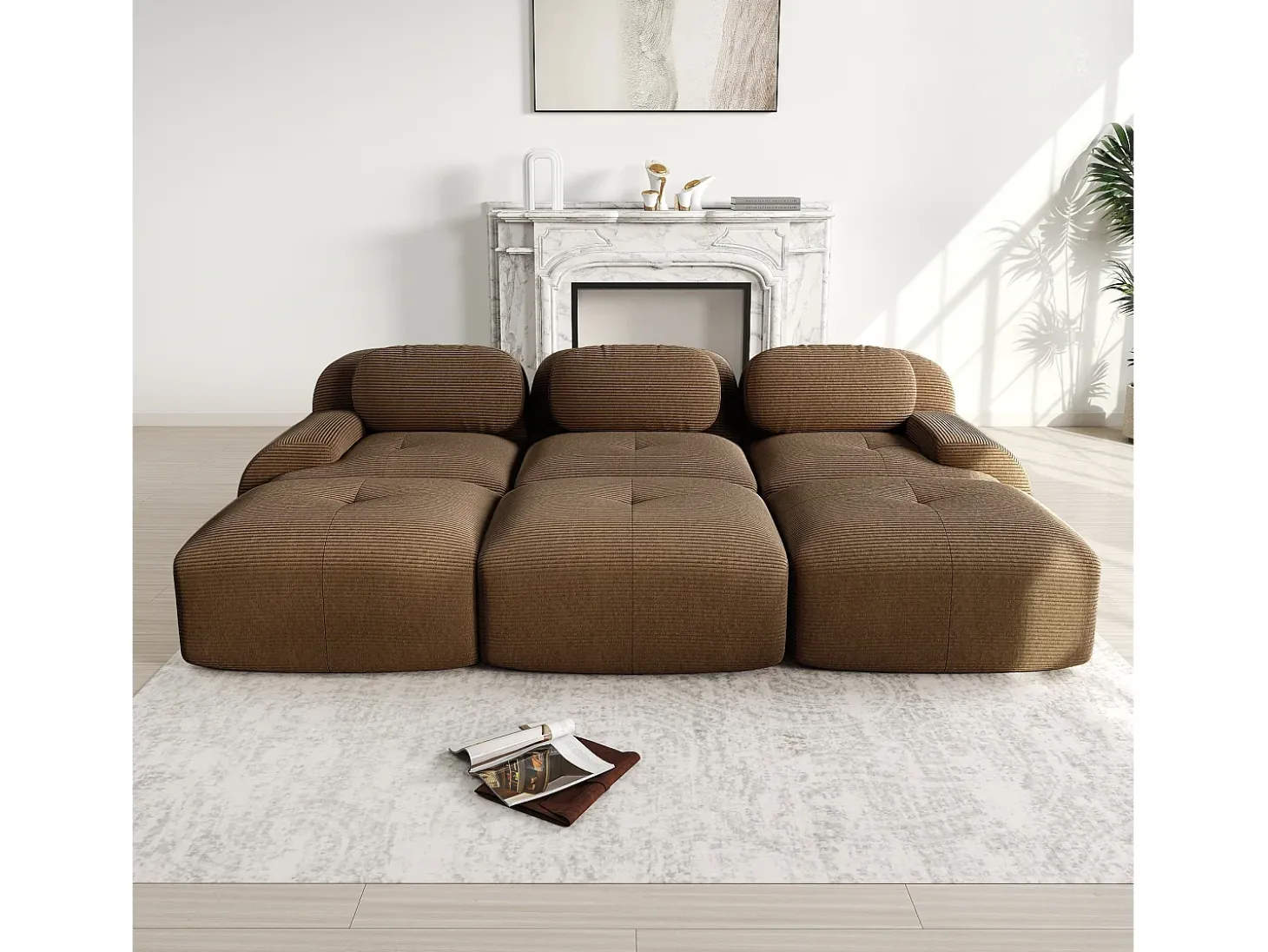 Sofá modular 3 lugares + 3 puffs - veludo cotelê - com 3 almofadas - densidade do assento 32kg/m³ - 298x178x70cm - Marrom