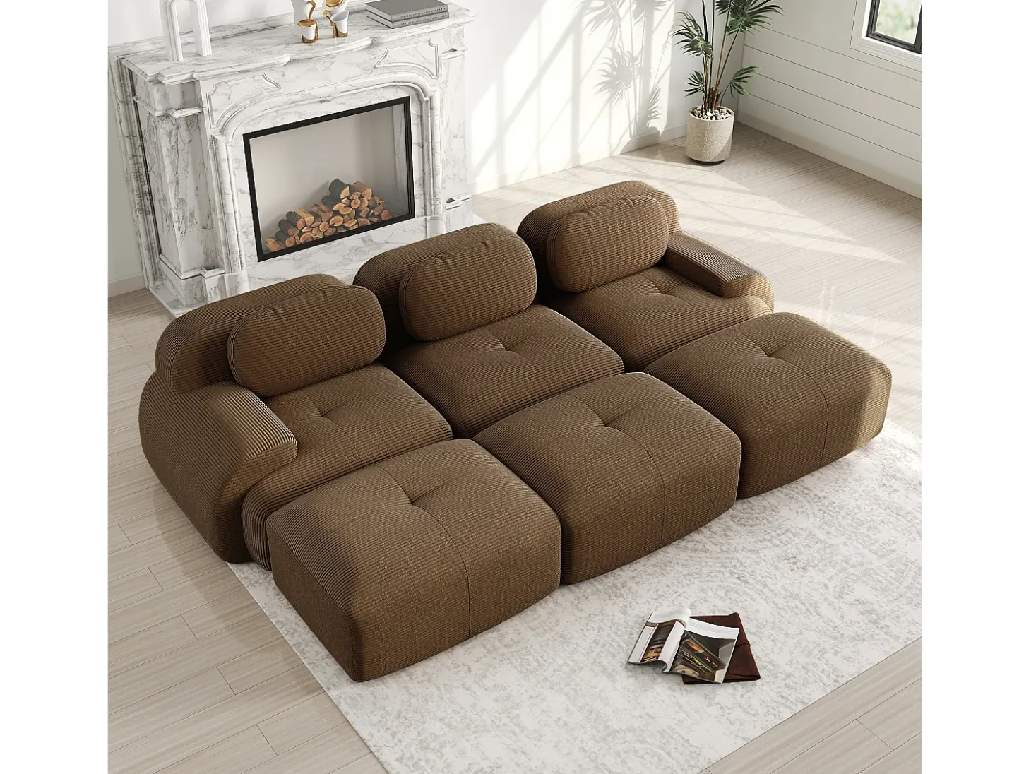 Sofá modular 3 lugares + 3 puffs - veludo cotelê - com 3 almofadas - densidade do assento 32kg/m³ - 298x178x70cm - Marrom