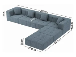 Sofá modular 4 lugares canto tecido - 4 travesseiros e 2 pufes - Cinzento - 370x200x60cm
