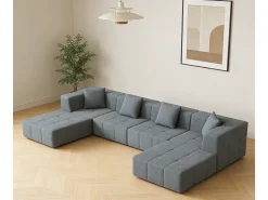 Sofá modular 4 lugares canto tecido - 4 travesseiros e 2 pufes - Cinzento - 370x200x60cm