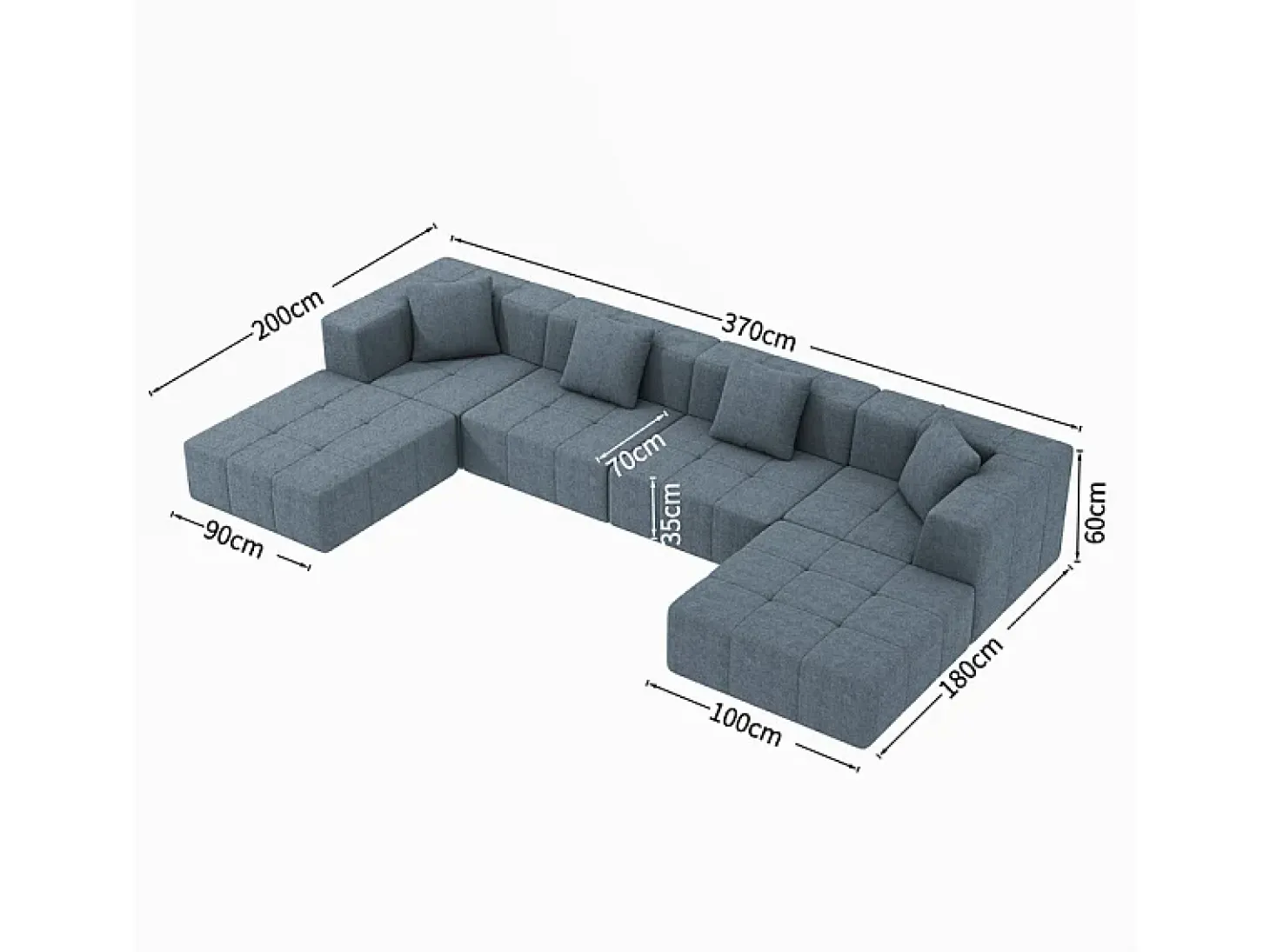 Sofá modular 4 lugares canto tecido - 4 travesseiros e 2 pufes - Cinzento - 370x200x60cm