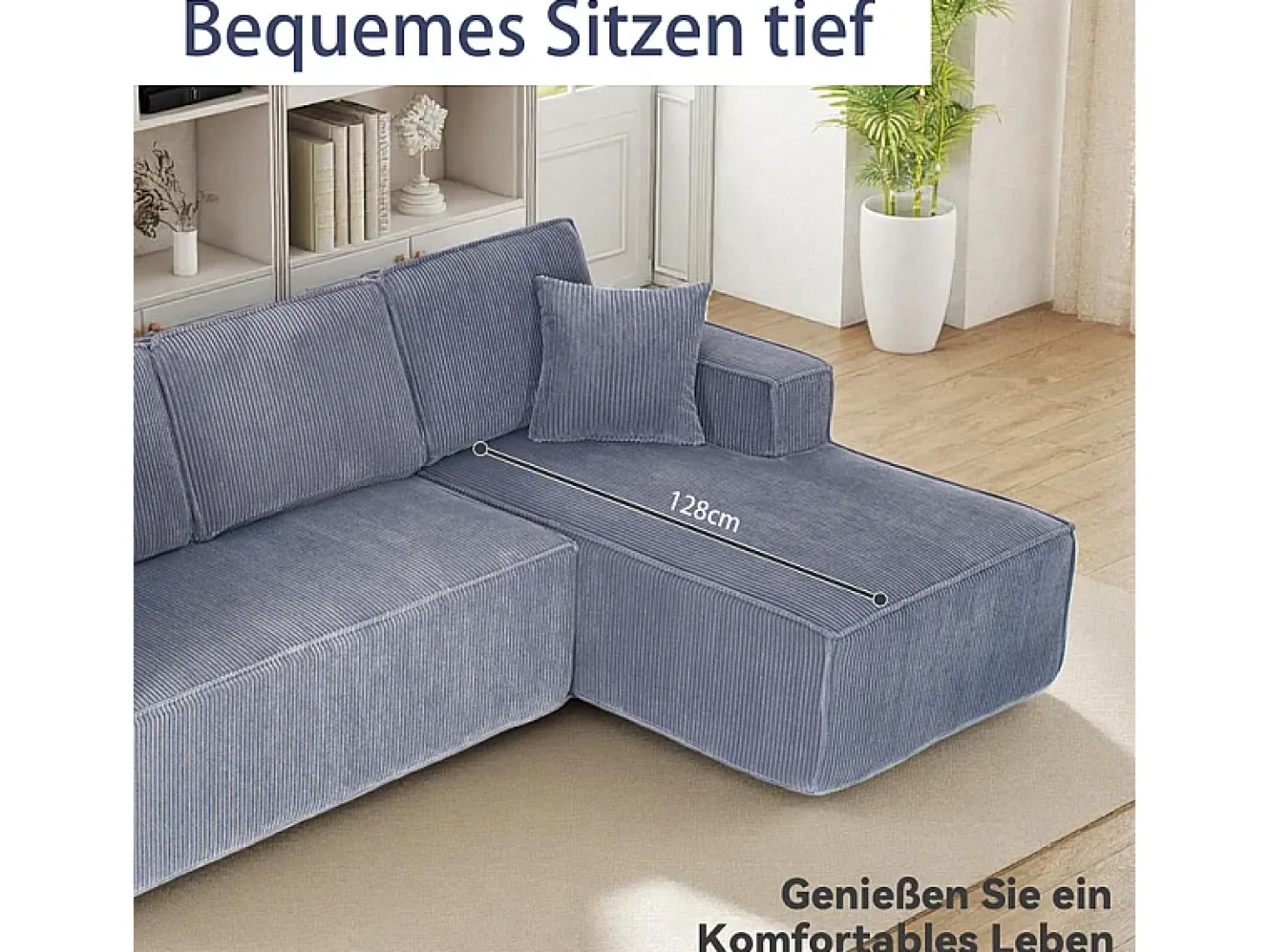 Sofá modular 3 lugares canto direito veludo canelado, 2 almofadas, chaise longue 128cm, Cinzento