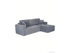 Sofá modular 3 lugares canto direito veludo canelado, 2 almofadas, chaise longue 128cm, Cinzento