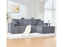Sofá modular 3 lugares canto direito veludo canelado, 2 almofadas, chaise longue 128cm, Cinzento