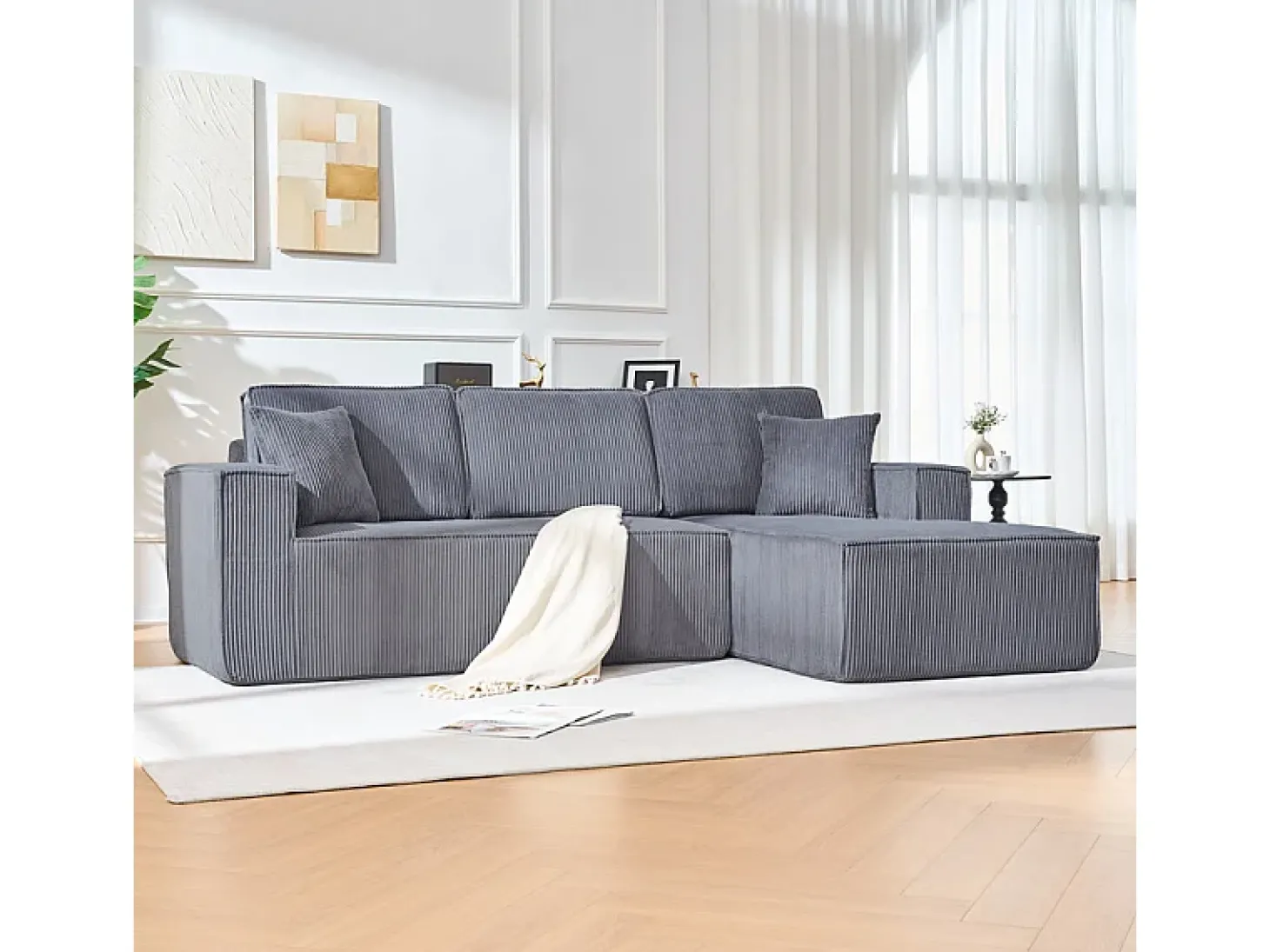 Sofá modular 3 lugares canto direito veludo canelado, 2 almofadas, chaise longue 128cm, Cinzento
