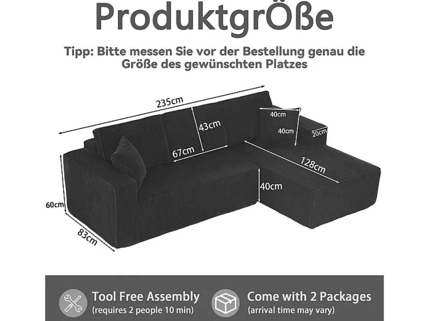 Sofá modular 3 lugares canto direito veludo canelado, 2 almofadas, chaise longue 128cm, Preto