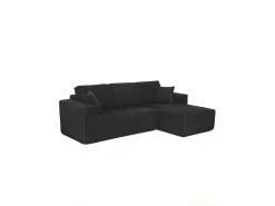 Sofá modular 3 lugares canto direito veludo canelado, 2 almofadas, chaise longue 128cm, Preto