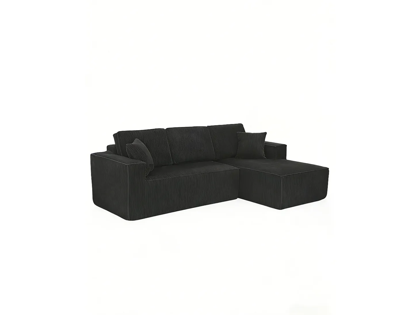 Sofá modular 3 lugares canto direito veludo canelado, 2 almofadas, chaise longue 128cm, Preto