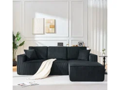 Sofá modular 3 lugares canto direito veludo canelado, 2 almofadas, chaise longue 128cm, Preto