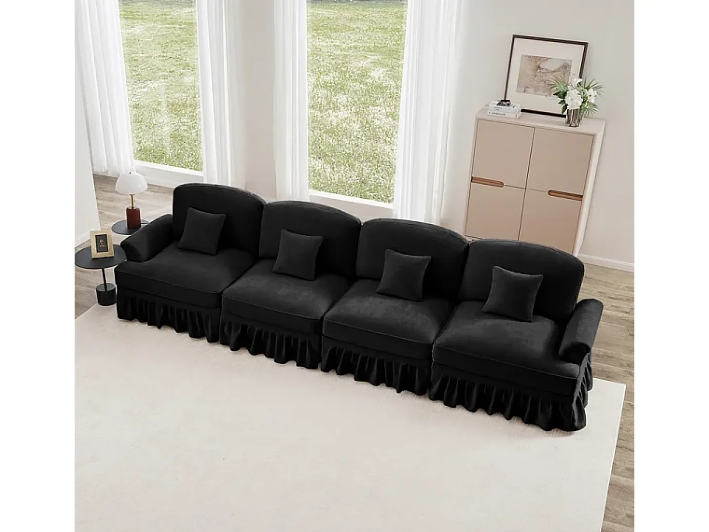 Sofá Modular 4 Lugares Chenille - Capa Removível e 4 Almofadas - 350x83.5x93cm - Preto