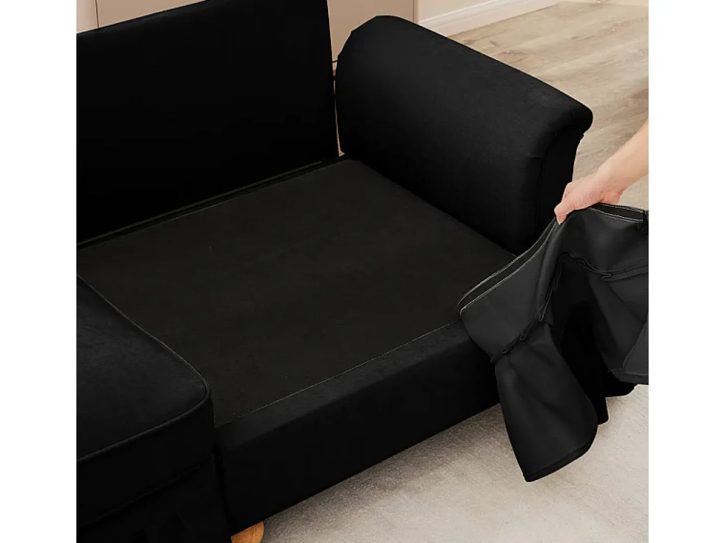 Sofá Modular 4 Lugares Chenille - Capa Removível e 4 Almofadas - 350x83.5x93cm - Preto