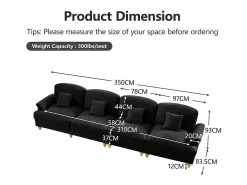 Sofá Modular 4 Lugares Chenille - Capa Removível e 4 Almofadas - 350x83.5x93cm - Preto