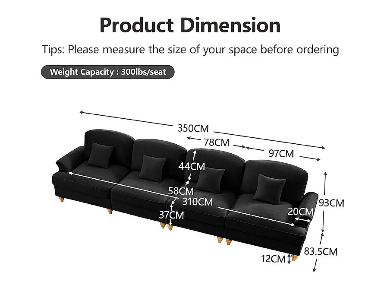 Sofá Modular 4 Lugares Chenille - Capa Removível e 4 Almofadas - 350x83.5x93cm - Preto