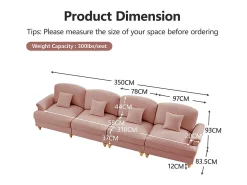 Sofá Modular 4 Lugares Chenille - Capa Removível e 4 Almofadas - 350x83.5x93cm - Rosa