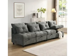 Sofá Modular 4 Lugares em Chenille - com 8 Almofadas e 4 Armazenamentos - Carga Máx. 500kg - 274x76x87cm - Cinza