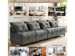 Sofá Modular 4 Lugares em Chenille - com 8 Almofadas e 4 Armazenamentos - Carga Máx. 500kg - 274x76x87cm - Cinza