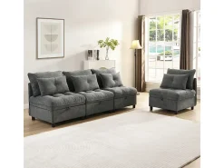 Sofá Modular 4 Lugares em Chenille - com 8 Almofadas e 4 Armazenamentos - Carga Máx. 500kg - 274x76x87cm - Cinza