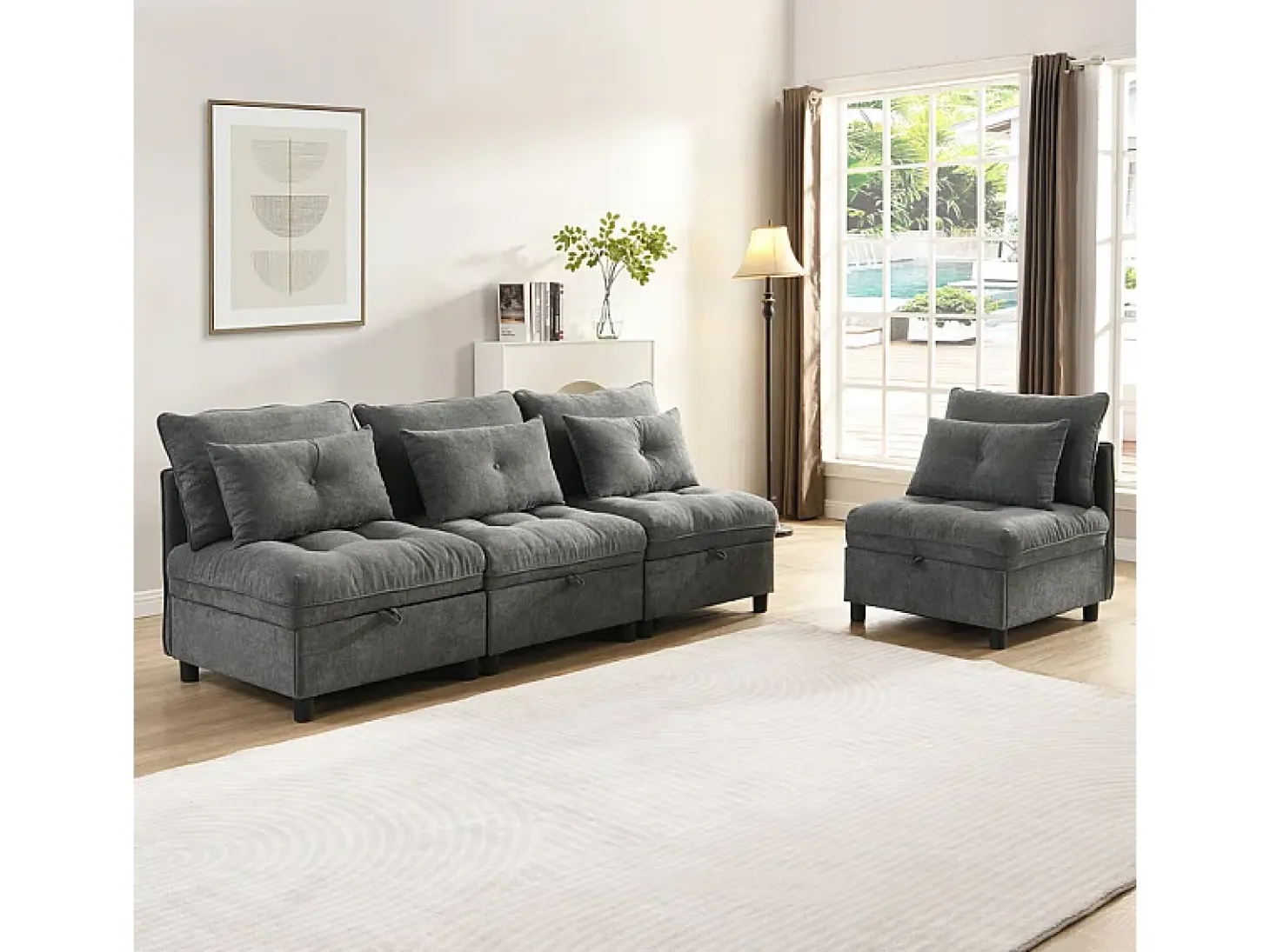 Sofá Modular 4 Lugares em Chenille - com 8 Almofadas e 4 Armazenamentos - Carga Máx. 500kg - 274x76x87cm - Cinza