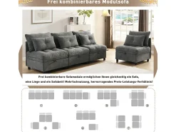 Sofá Modular 4 Lugares em Chenille - com 8 Almofadas e 4 Armazenamentos - Carga Máx. 500kg - 274x76x87cm - Cinza