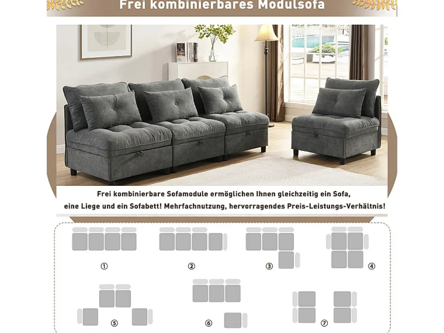 Sofá Modular 4 Lugares em Chenille - com 8 Almofadas e 4 Armazenamentos - Carga Máx. 500kg - 274x76x87cm - Cinza